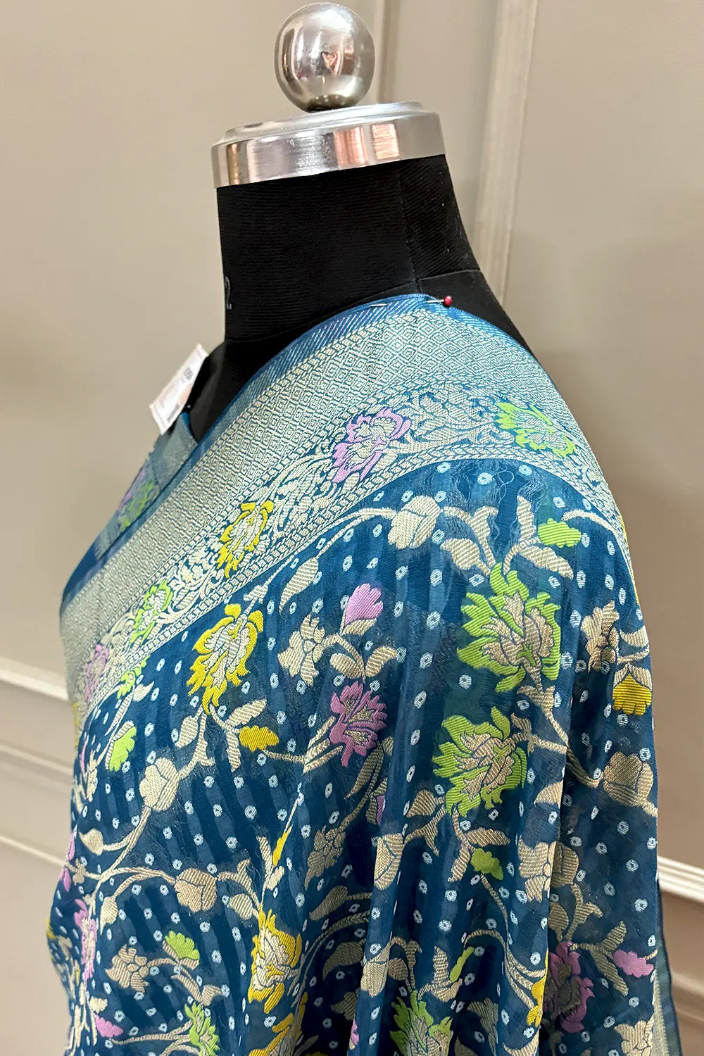 Teal Bandhej Meena Georgette Silk Banarasi Saree