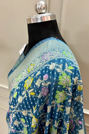 Teal Bandhej Meena Georgette Silk Banarasi Saree