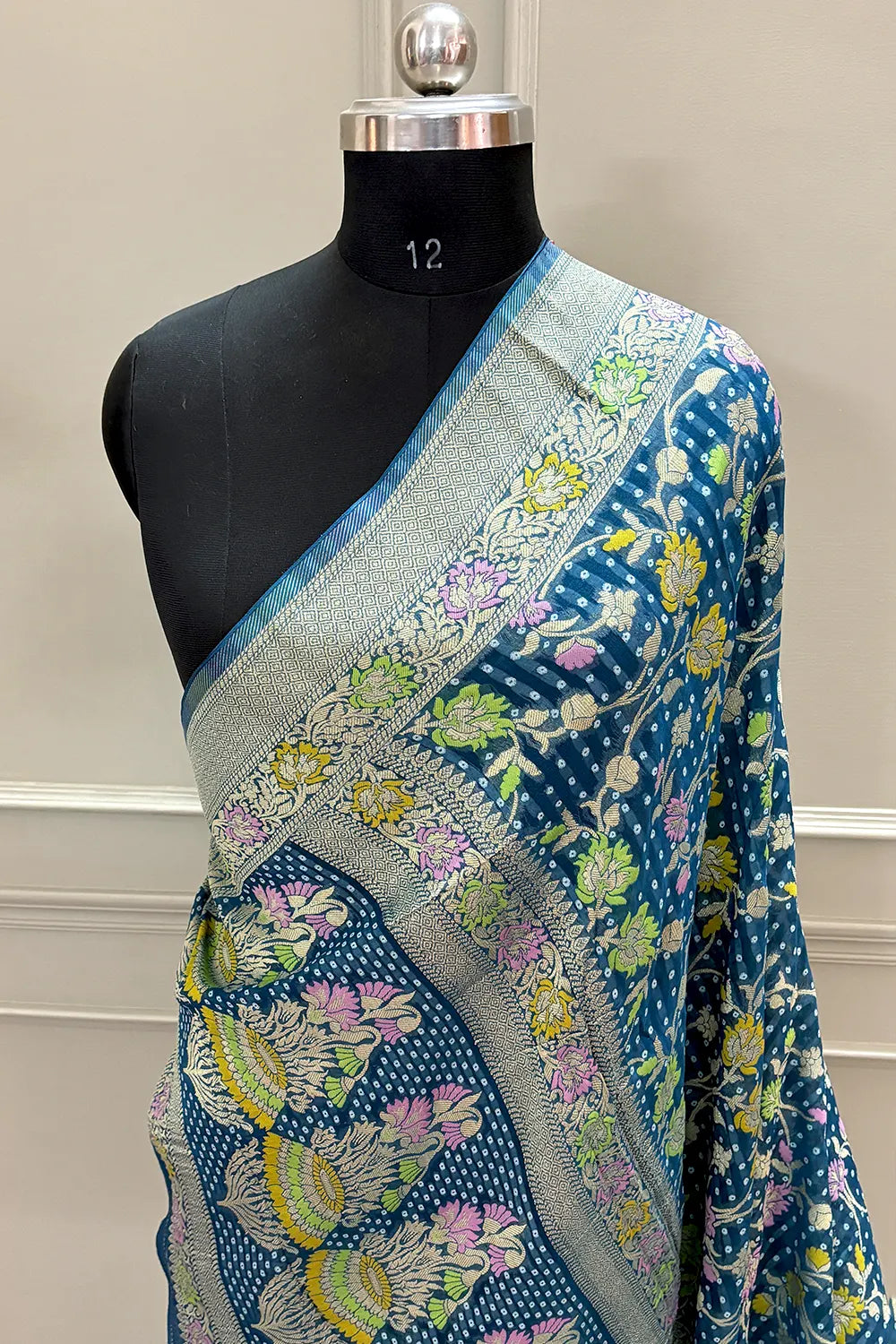 Teal Bandhej Meena Georgette Silk Banarasi Saree