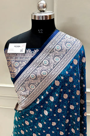Teal Blue Chunni Munni Buti Katan Silk Banarasi Saree