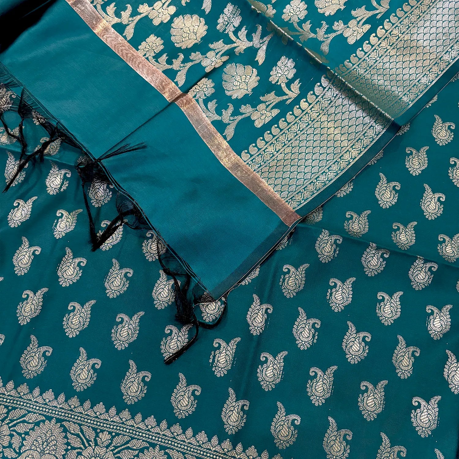 Teal Chirag Buti Satin Silk Banarasi Suit 