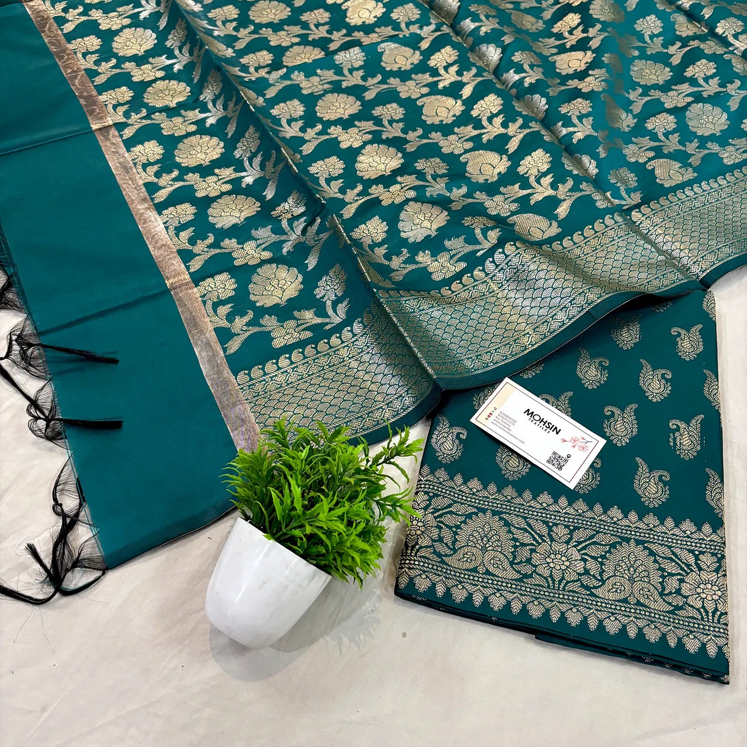 Teal Chirag Buti Satin Silk Banarasi Suit 