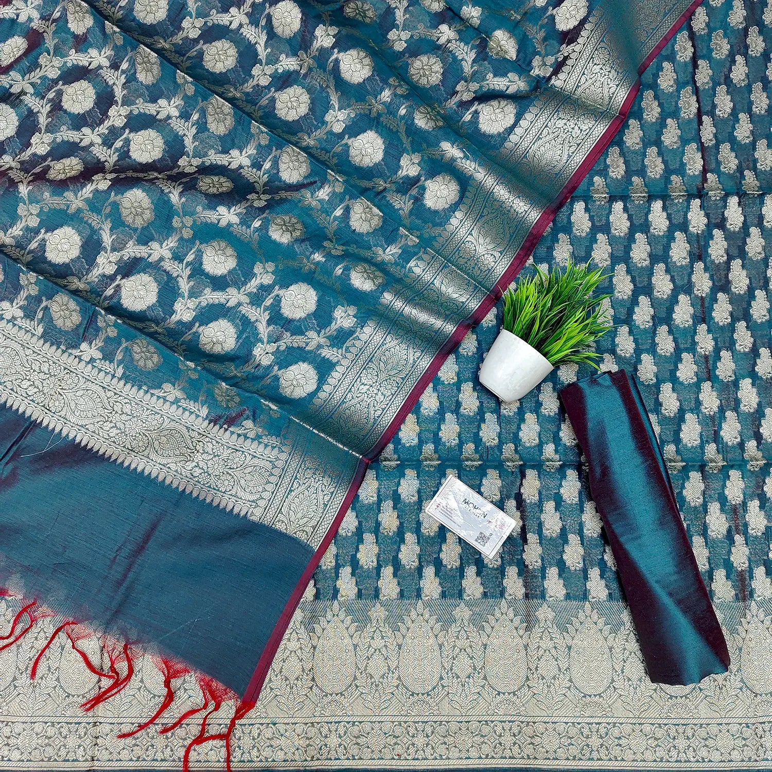 Teal Dracula Paisley Banarasi Silk Suit