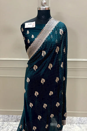Teal Embordiery Siroski Work Silk Saree