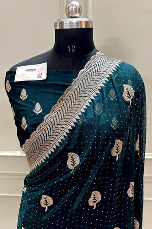 Teal Embordiery Siroski Work Silk Saree