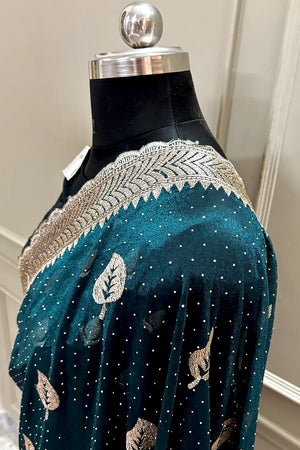 Teal Embordiery Siroski Work Silk Saree