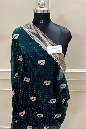 Teal Embordiery Siroski Work Silk Saree