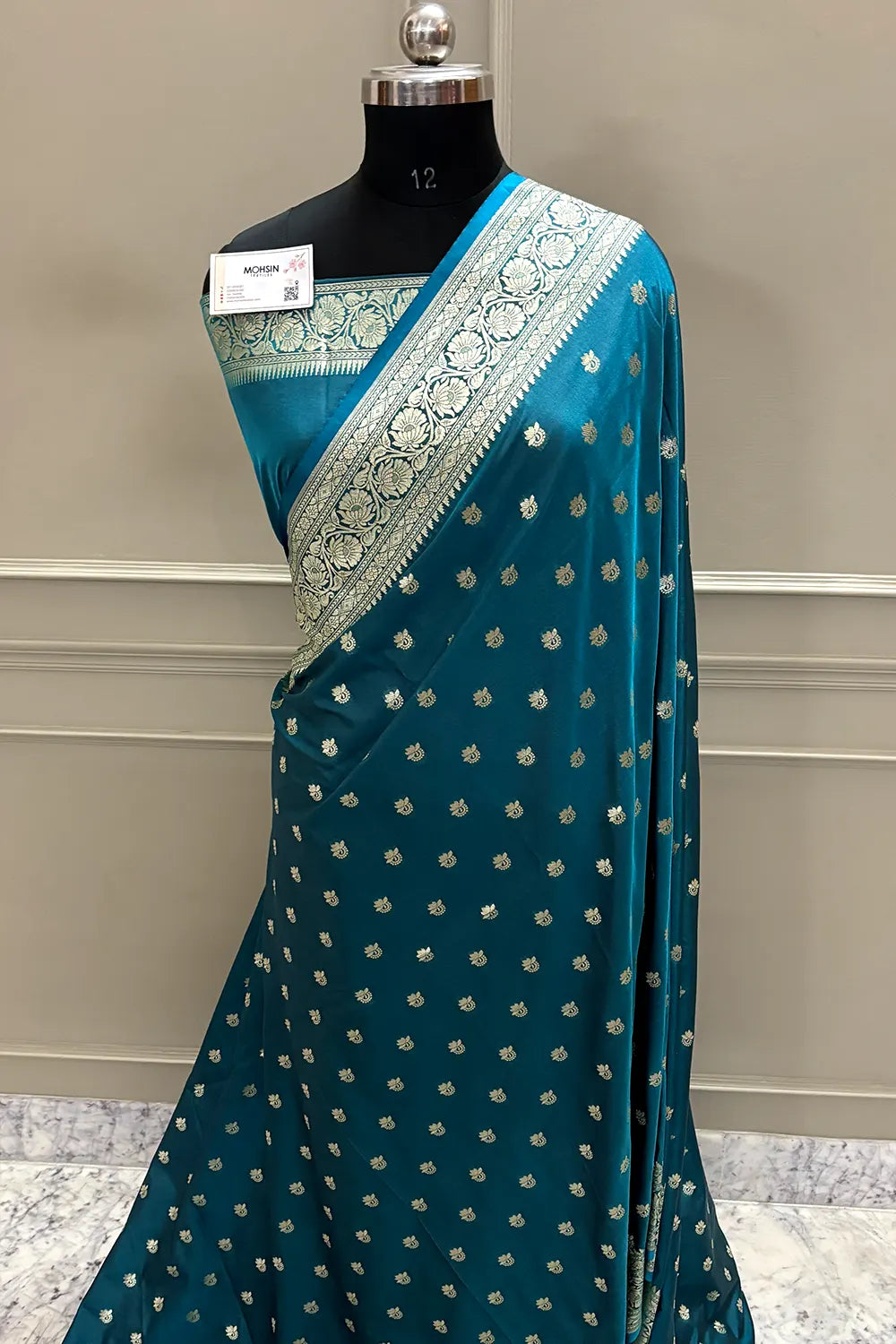 Teal Firozi Ghonga Buti Katan Silk Banarasi Saree