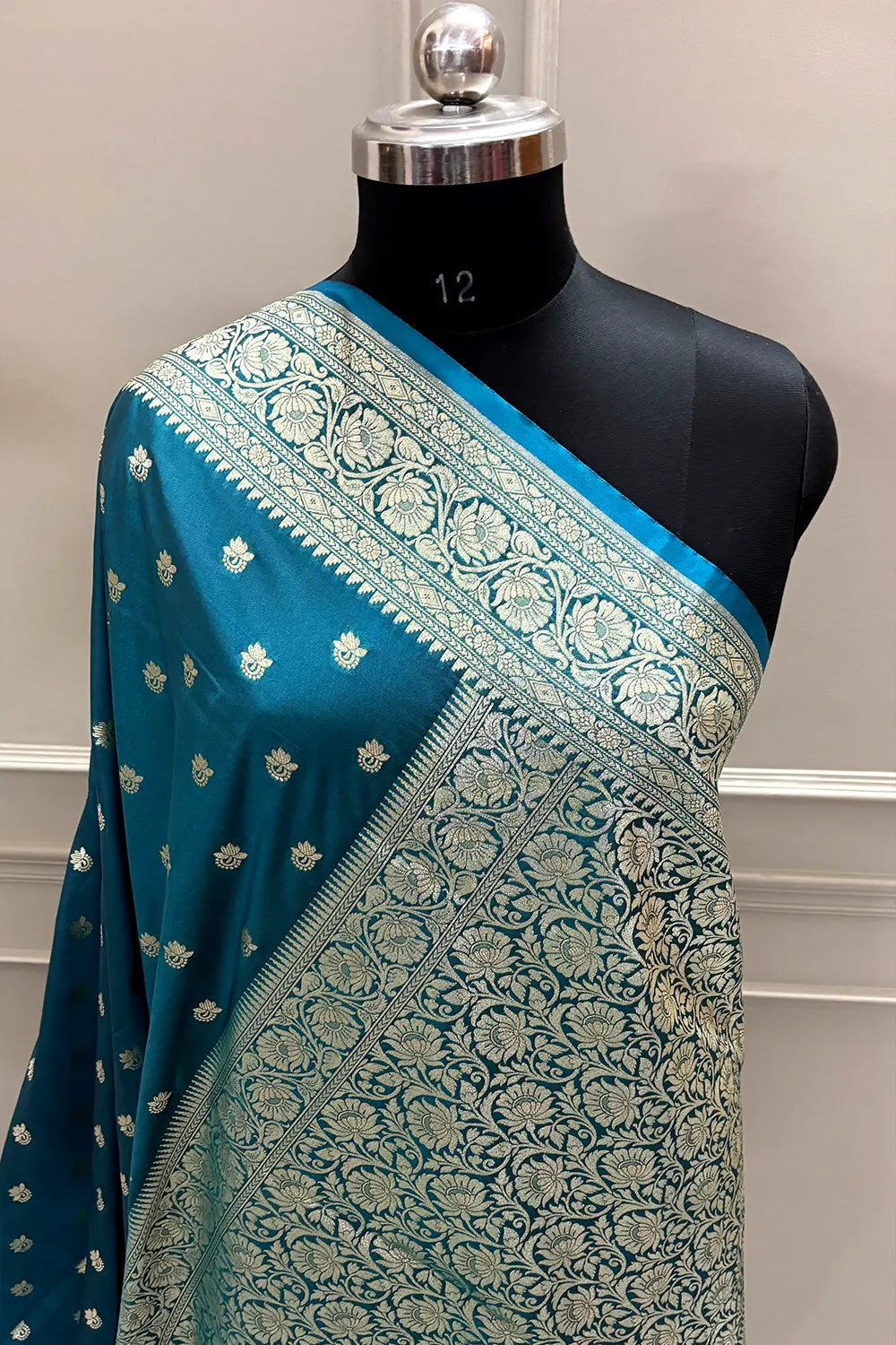 Teal Firozi Ghonga Buti Katan Silk Banarasi Saree