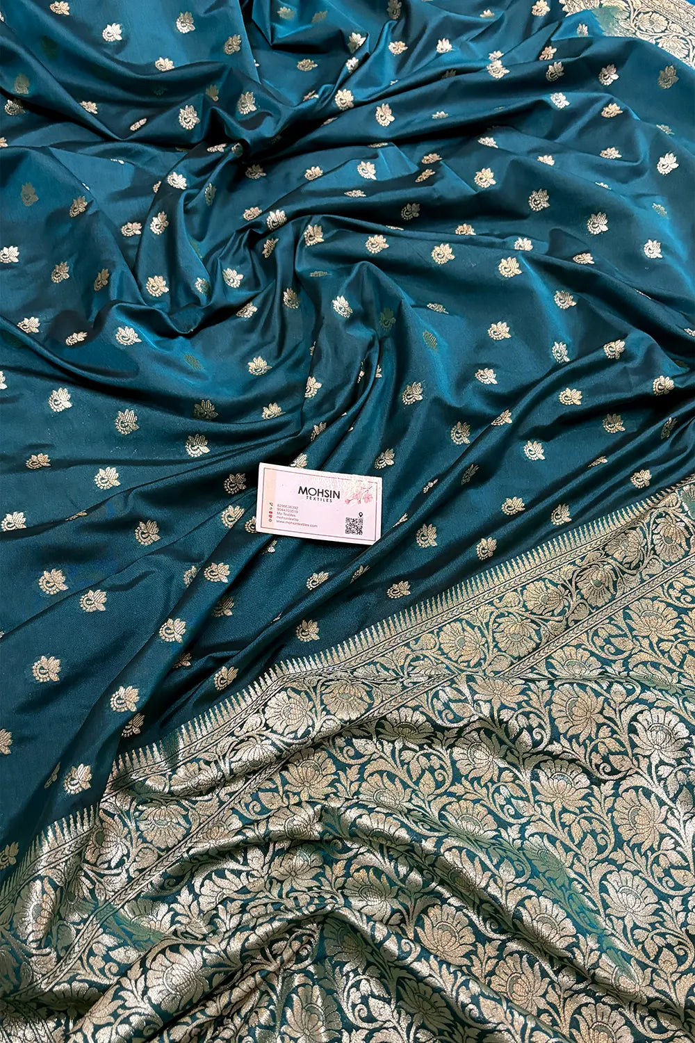 Teal Firozi Ghonga Buti Katan Silk Banarasi Saree