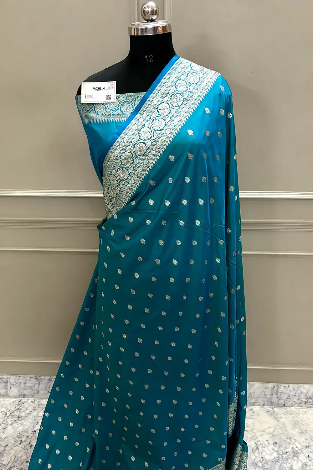 Teal Firozi Rudraksha Buti Katan Silk Banarasi Saree