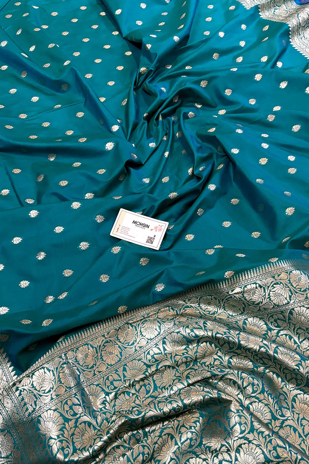 Teal Firozi Rudraksha Buti Katan Silk Banarasi Saree