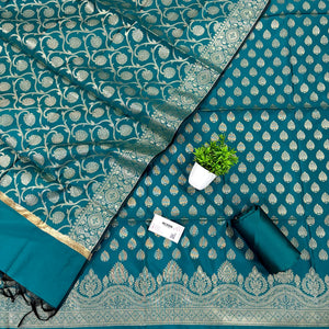 Teal Golden Zari Satin Silk Banarasi Suit