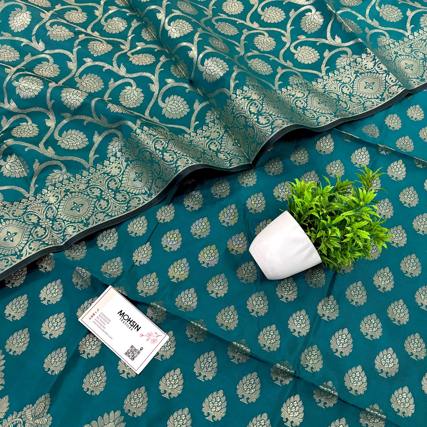 Teal Golden Zari Satin Silk Banarasi Suit