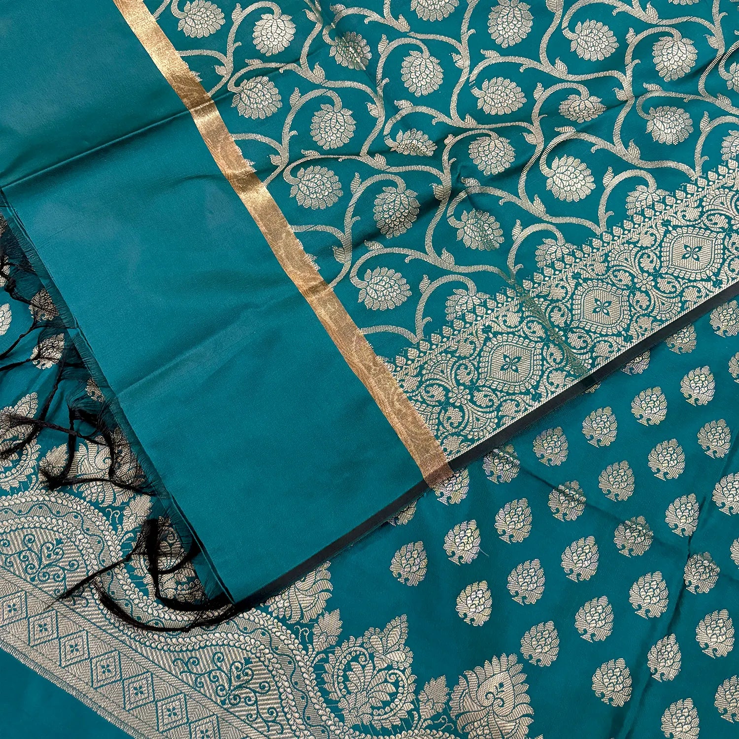 Teal Golden Zari Satin Silk Banarasi Suit