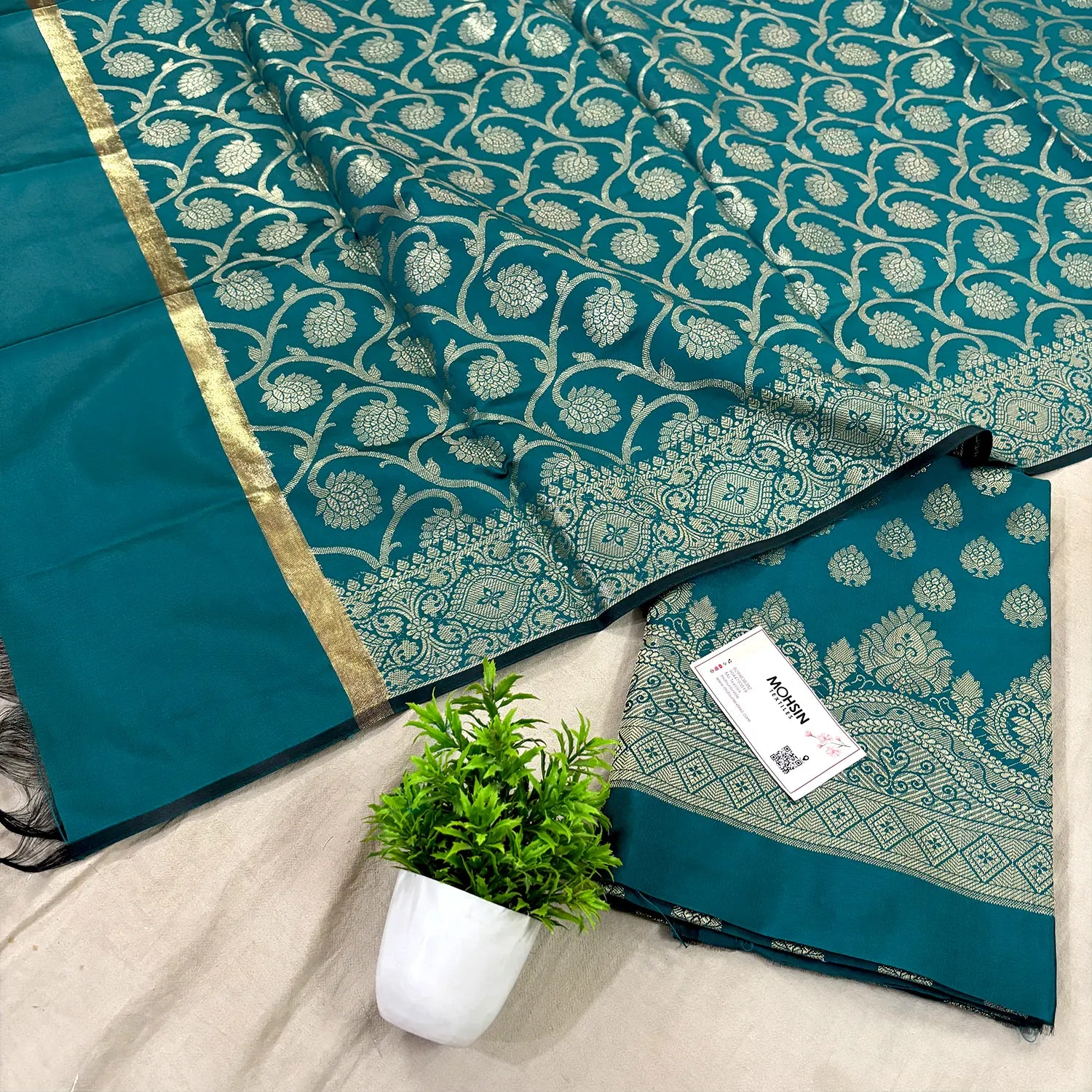 Teal Golden Zari Satin Silk Banarasi Suit