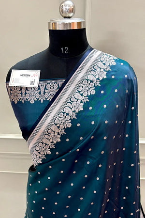 Teal Hawahawai Buti Katan Silk Banarasi Saree