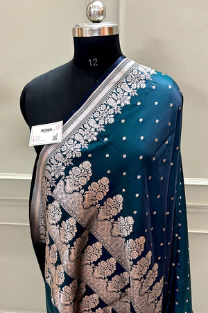 Teal Hawahawai Buti Katan Silk Banarasi Saree