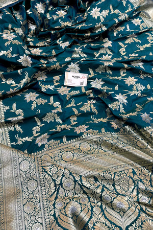 Teal Jasmine Jaal Katan Silk Banarasi Saree