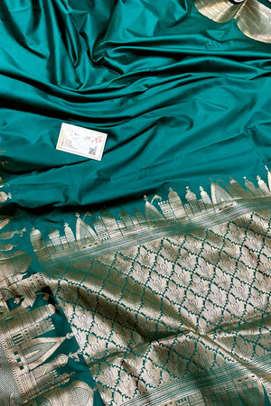 Teal Kalyug Plain Satin Silk Banarasi Saree