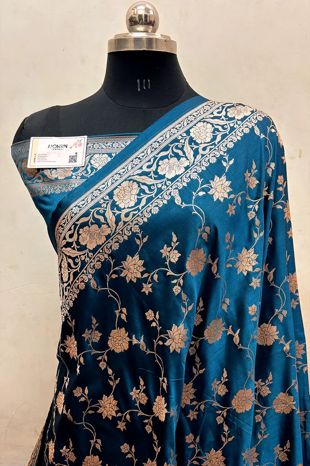 Teal Kesari Jaal Katan Silk Banarasi Saree