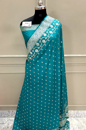 Teal Mahinki Buti Katan Silk Banarasi Saree