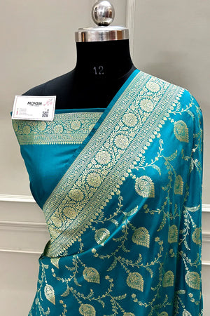 Teal Pandaar Jaal Katan Silk Banarasi Saree