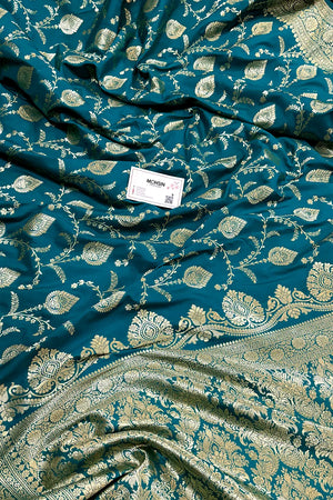 Teal Pandaar Jaal Katan Silk Banarasi Saree