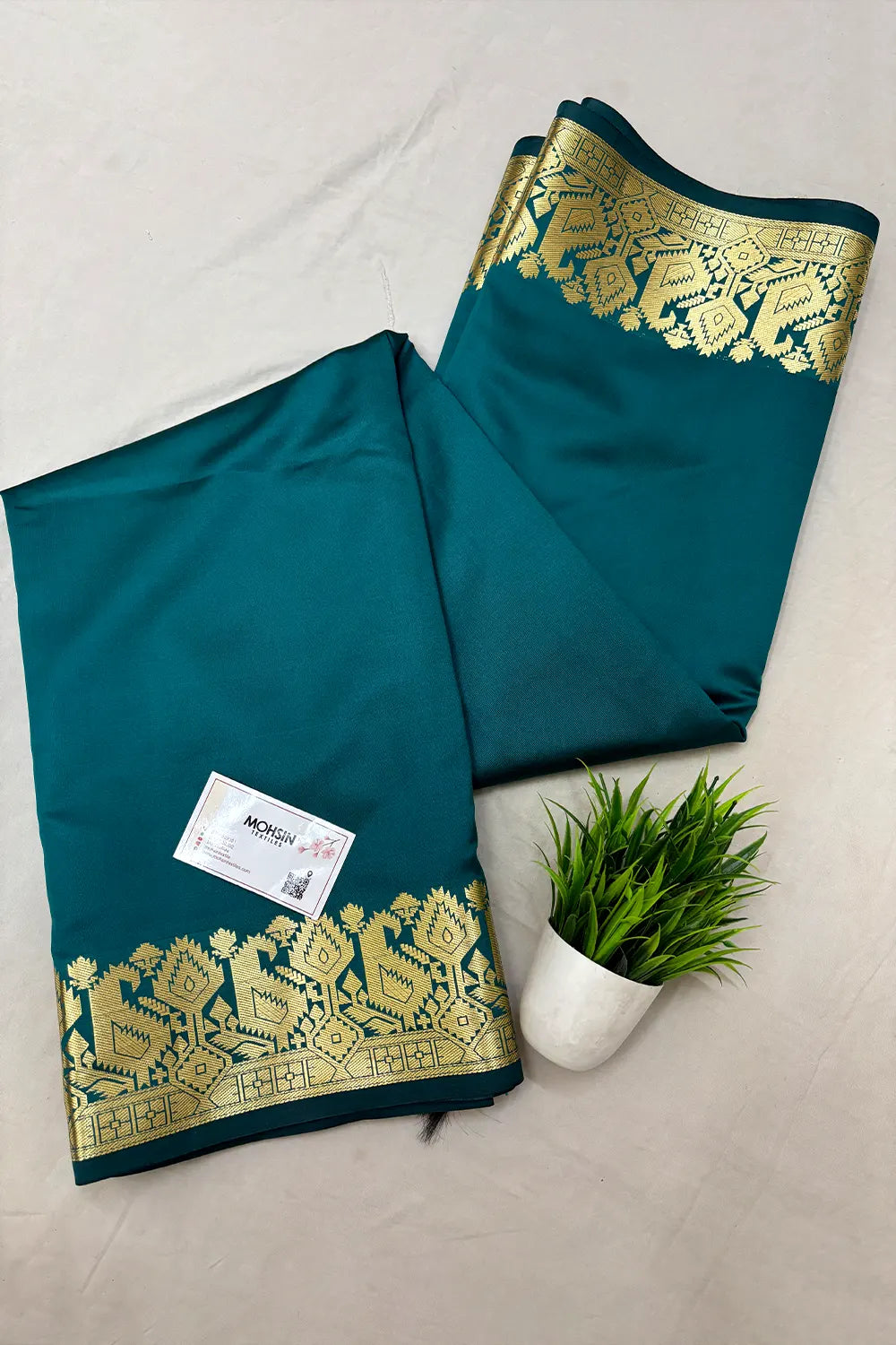 Teal Plain Semi Katan Silk Banarasi Saree