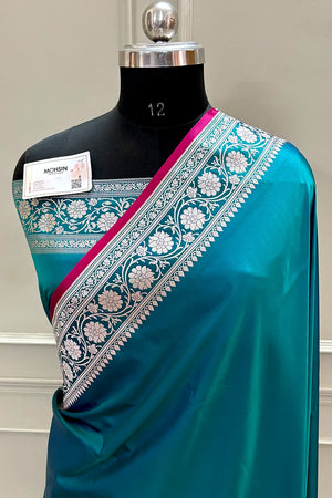 Teal Plain Zari Border Katan Silk Banarasi Saree