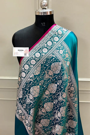 Teal Plain Zari Border Katan Silk Banarasi Saree