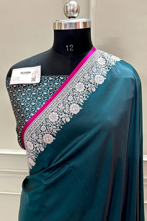 Teal Plain Zari Border Katan Silk Banarasi Saree