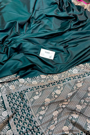 Teal Plain Zari Border Katan Silk Banarasi Saree