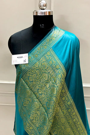Teal Plain Zari Silk Banarasi Saree