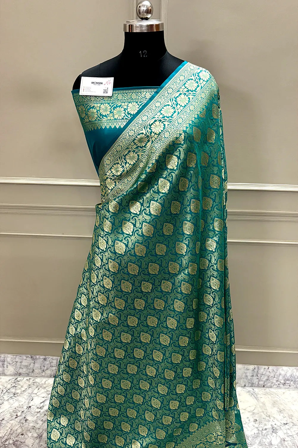 Teal Rajvada Buti Katan Silk Banarasi Saree