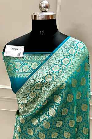 Teal Rajvada Buti Katan Silk Banarasi Saree