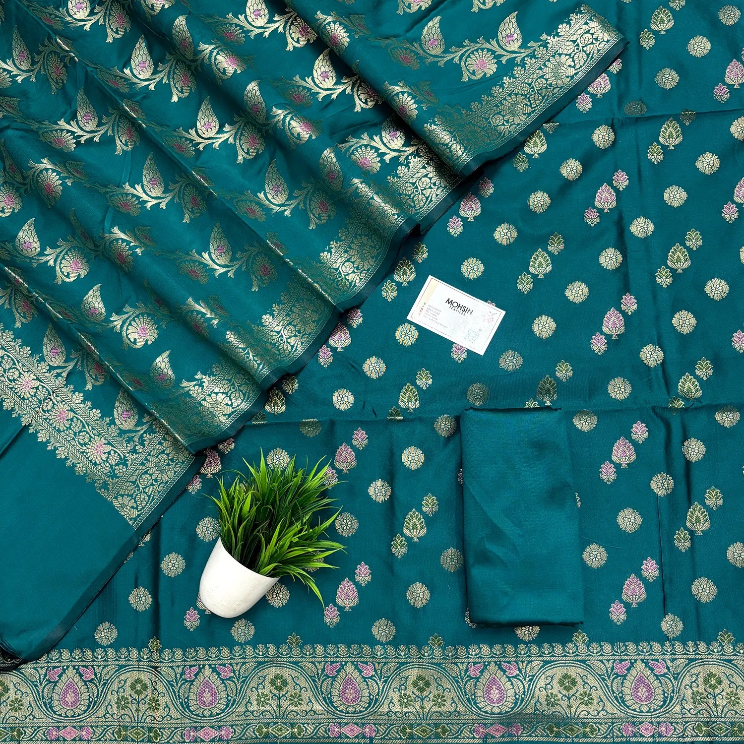 Teal Semi Katan Silk Banarasi Suit