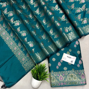 Teal Semi Katan Silk Banarasi Suit