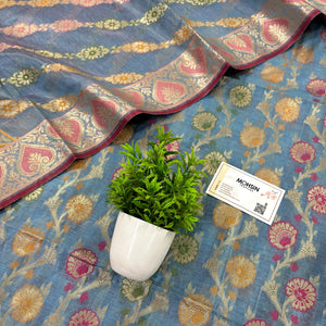 Greyish Firozi Sindhuri Phool Resham Silk Banarasi Suit