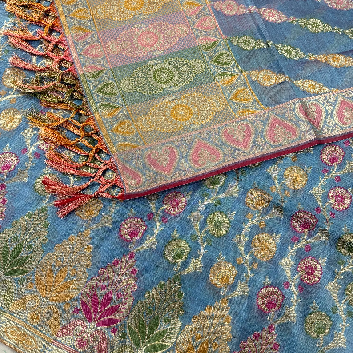 Greyish Firozi Sindhuri Phool Resham Silk Banarasi Suit