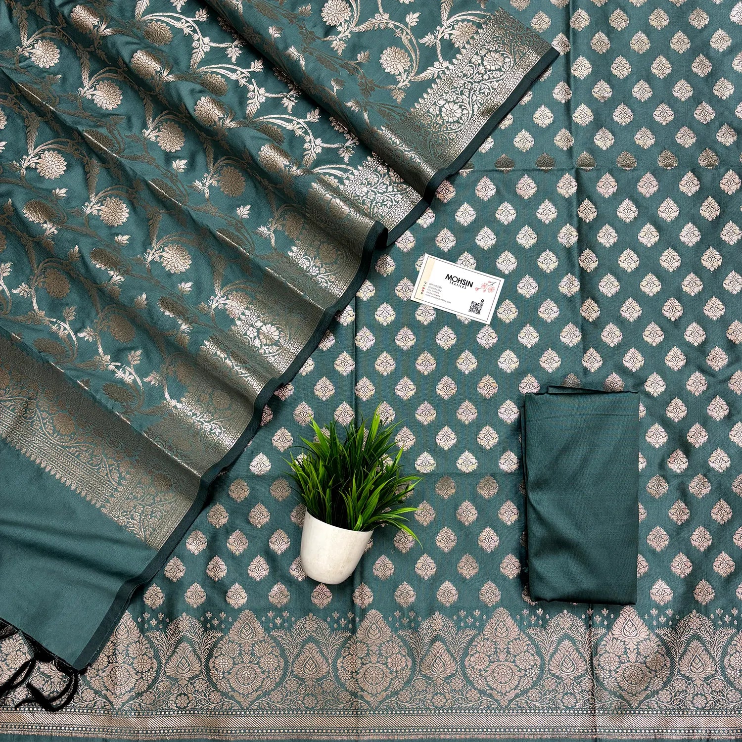 Teal Singhasan Buti Semi Katan Silk Banarasi Suit