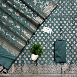 Teal Singhasan Buti Semi Katan Silk Banarasi Suit