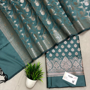 Teal Singhasan Buti Semi Katan Silk Banarasi Suit