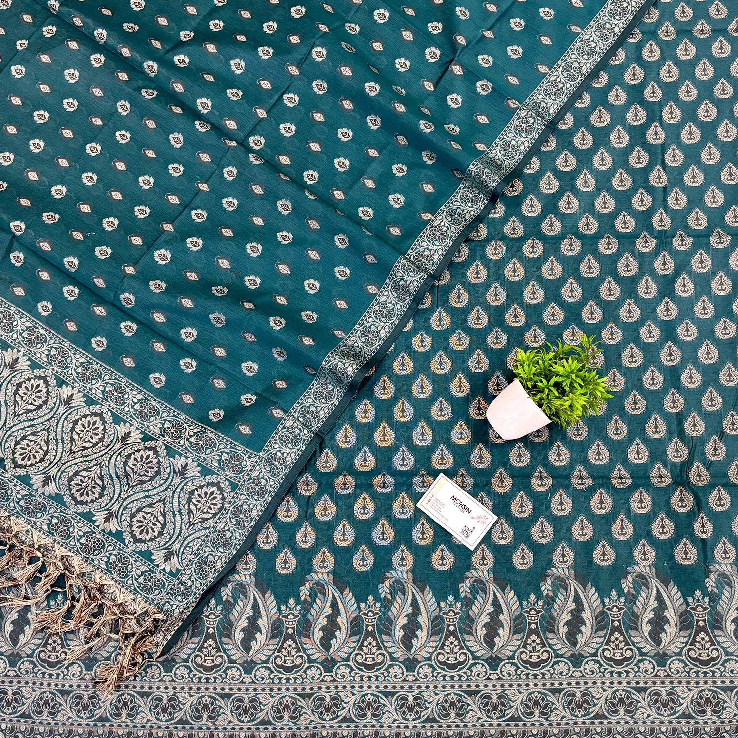 Teal Surahi Buti Cotton Silk Banarasi Suit