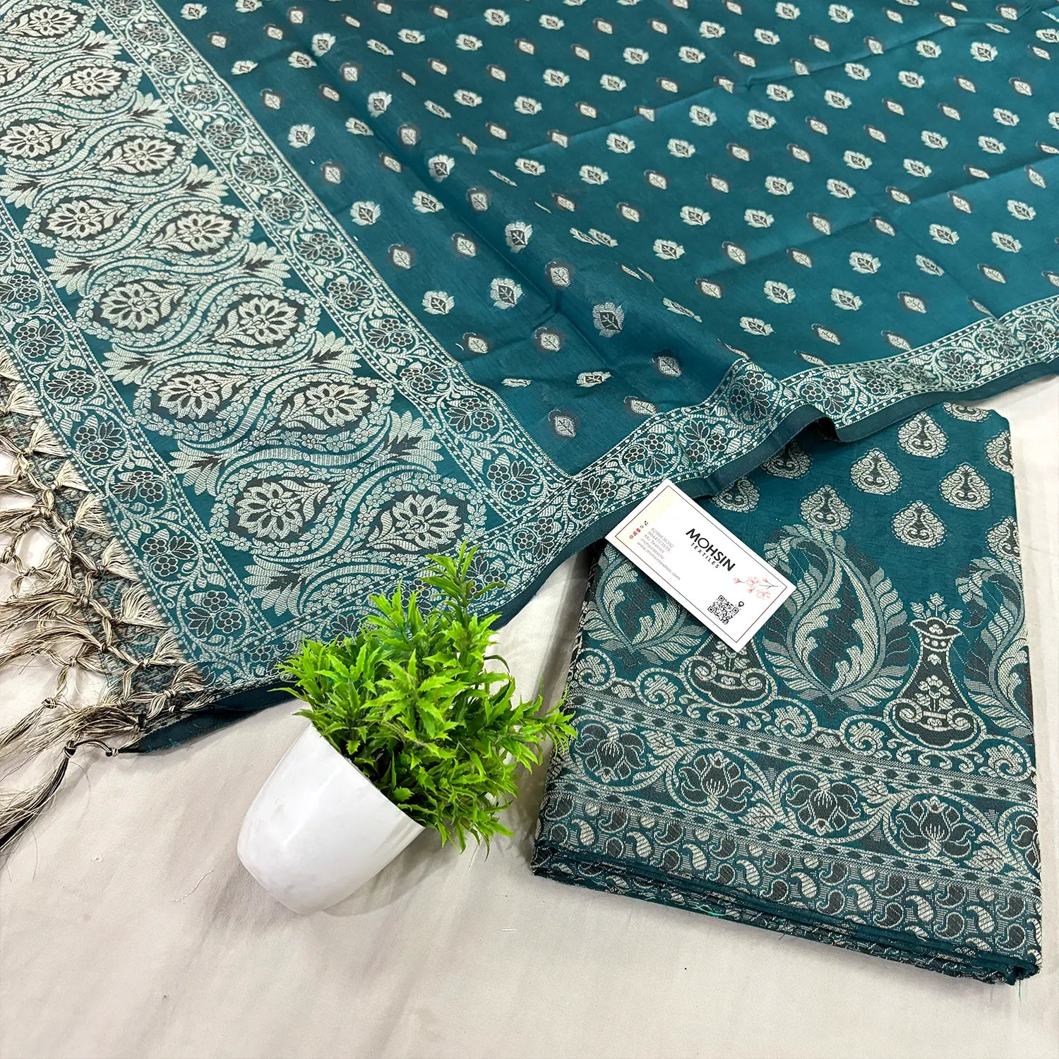 Teal Surahi Buti Cotton Silk Banarasi Suit