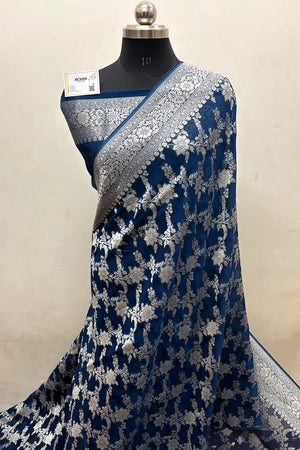 Teal Zari Georgette Silk Banarasi Saree