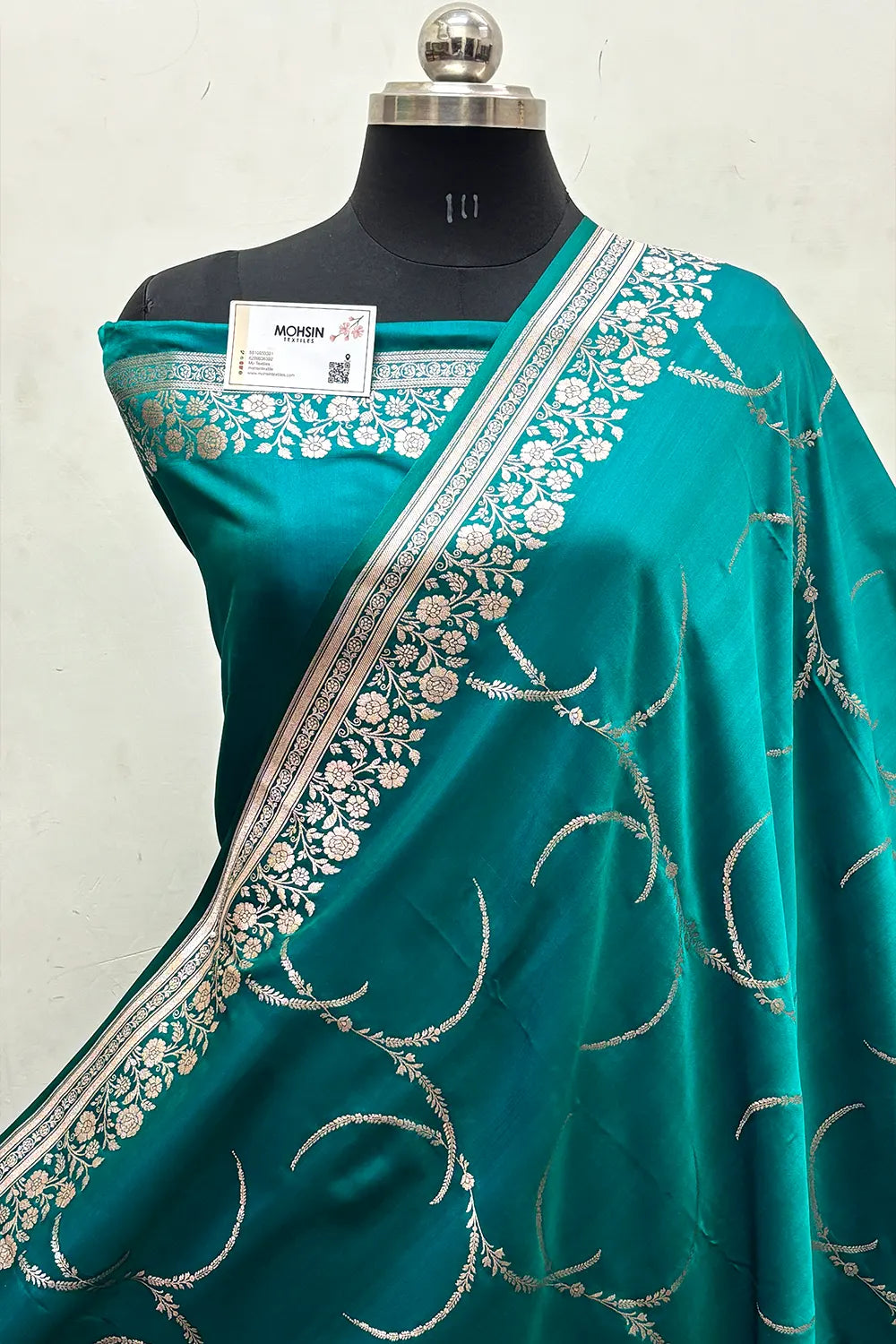 Teal Zari Katan Mashru Silk Banarasi Saree