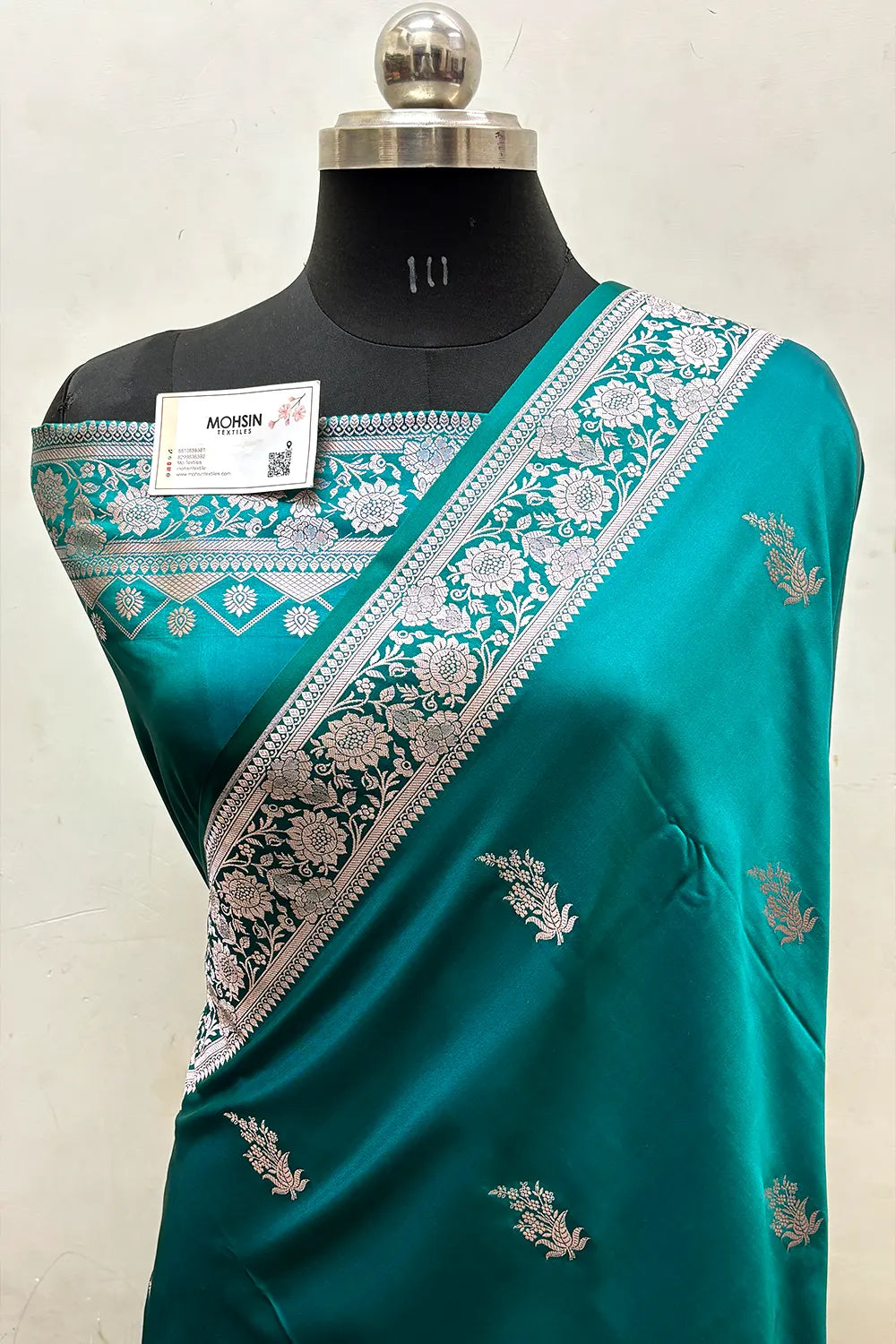 Teal Zari Katan Mashru Silk Banarasi Saree