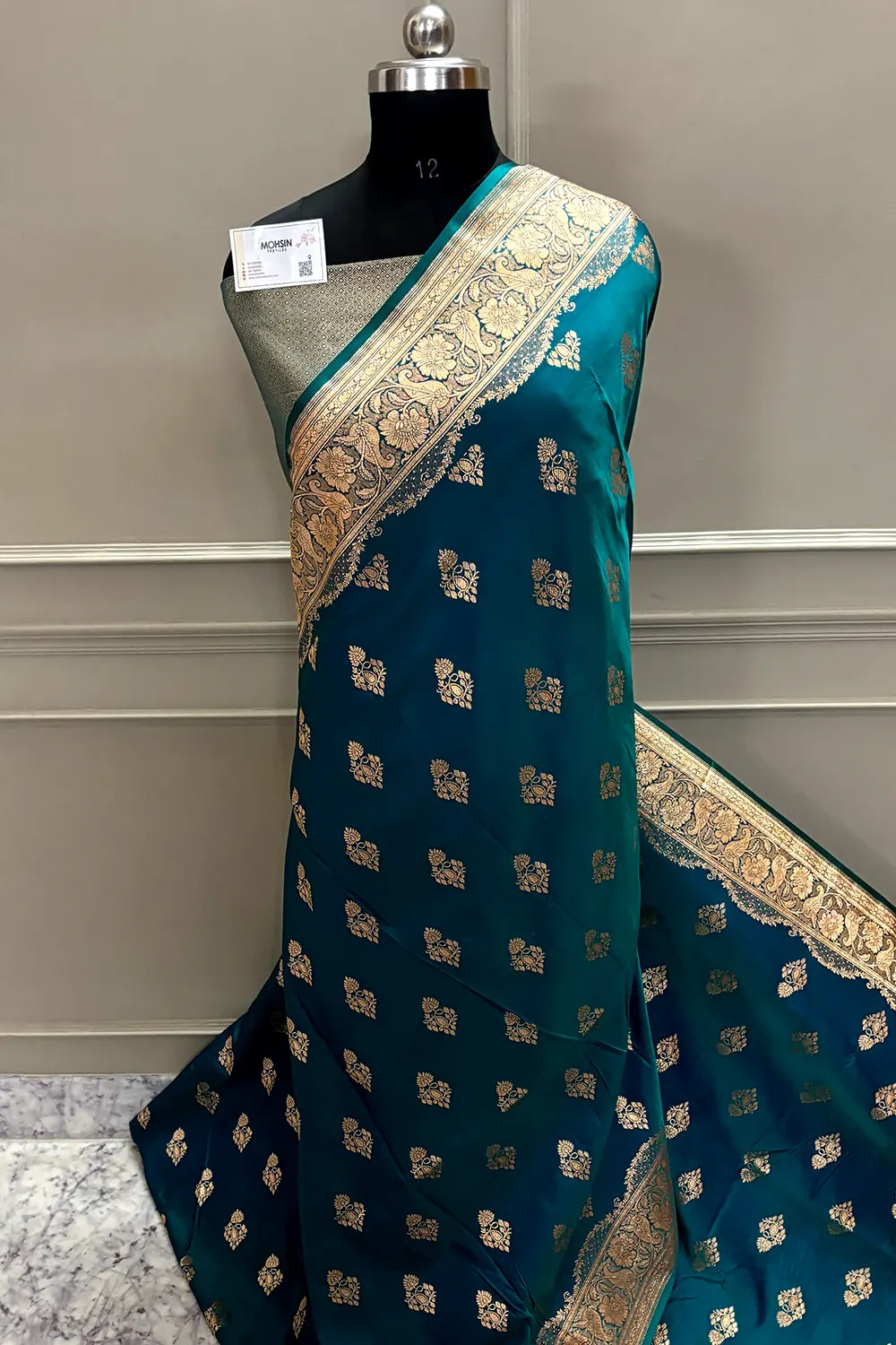 Teal Zari Katan Satin Silk Banarasi Saree