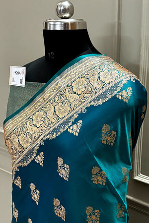 Teal Zari Katan Satin Silk Banarasi Saree
